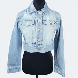 VANILLA JEANS | Y2K 90s Classic Light Blue Distressed Cropped Denim Jacket | M